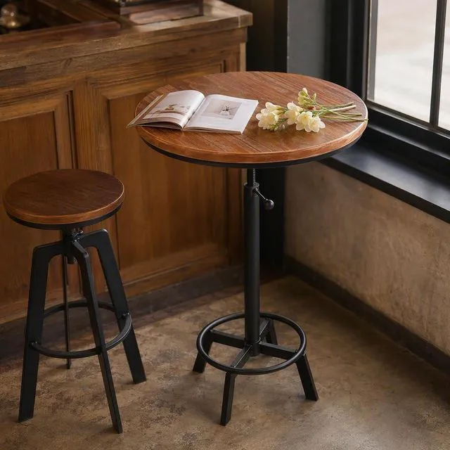 Alt view image 6 of 7 - Farmhouse Bar Table 30-35.4inch Height Adjustable Rustic Bistro Pub Table for Kitchen Coffee House Vintage Cocktail Table Swivel Wooden Top
