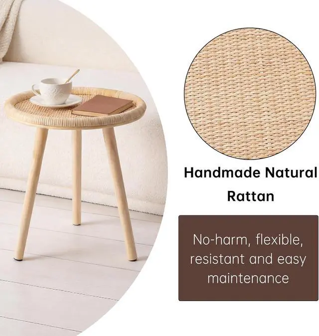 Alt view image 5 of 7 - Small Side Table, Rattan Round Coffee Table, Boho Circle Side Tables End Table for Living Room, Mid Century Accent Table for Bedroom Balcony