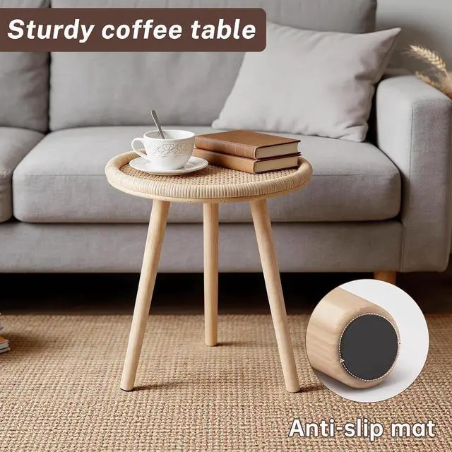 Alt view image 6 of 7 - Small Side Table, Rattan Round Coffee Table, Boho Circle Side Tables End Table for Living Room, Mid Century Accent Table for Bedroom Balcony