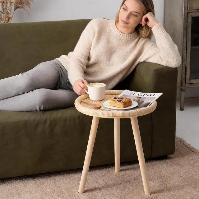 Alt view image 7 of 7 - Small Side Table, Rattan Round Coffee Table, Boho Circle Side Tables End Table for Living Room, Mid Century Accent Table for Bedroom Balcony
