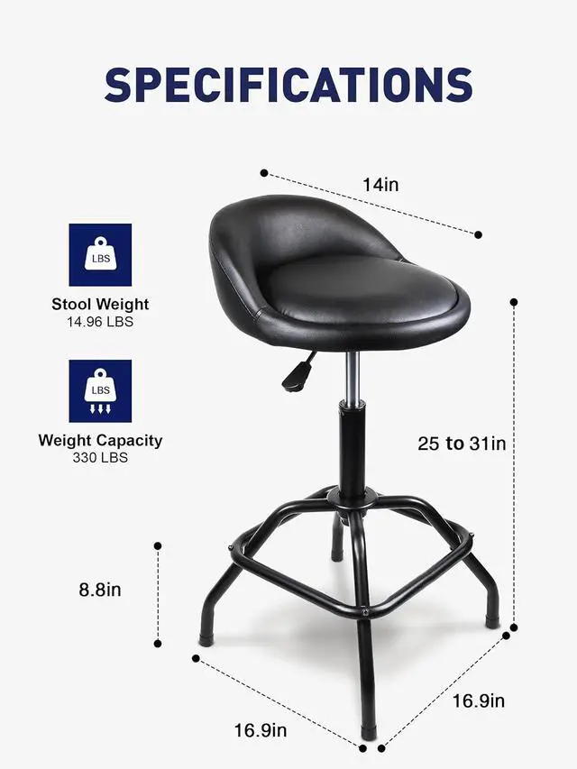 Alt view image 3 of 7 - Garage Shop Stool, Height Adjustable Work Stool, Swivel Bar Stool (Black)