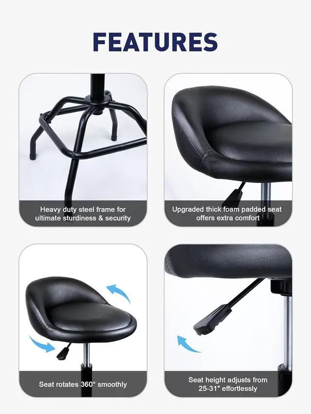 Alt view image 6 of 7 - Garage Shop Stool, Height Adjustable Work Stool, Swivel Bar Stool (Black)