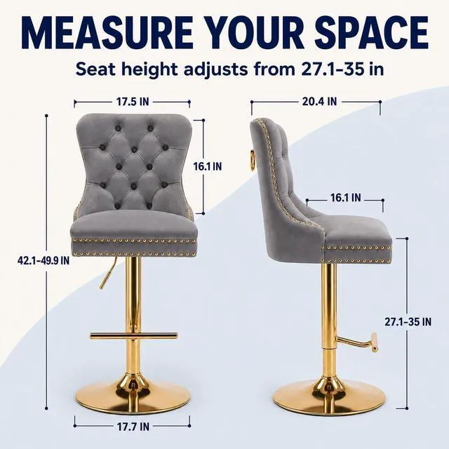 Alt view image 2 of 7 - ODUSE-DAILY Grey Velvet Swivel Bar Stools Set of 2 with Upholstered Back, Adjustable Counter Height Barstools, Bar Chairs for Home Bar Kitchen Island Pub Restaurant (Velvet, 2 Pcs, Gray)