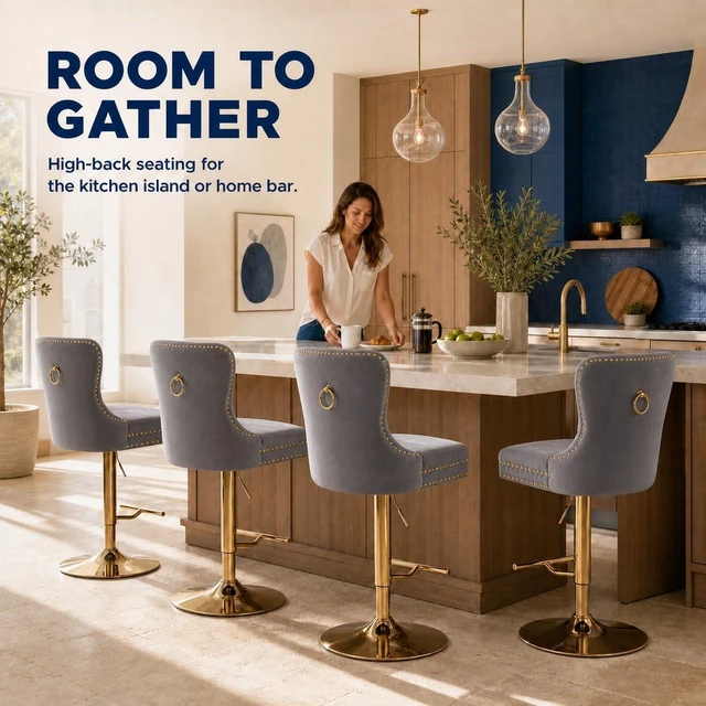 Alt view image 5 of 7 - ODUSE-DAILY Grey Velvet Swivel Bar Stools Set of 2 with Upholstered Back, Adjustable Counter Height Barstools, Bar Chairs for Home Bar Kitchen Island Pub Restaurant (Velvet, 2 Pcs, Gray)