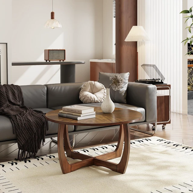 Alt view image 2 of 7 - LEEMTORIG Round Wood Coffee Table, Mid Century Modern Round Walnut Coffee Tables for Living Room, 33.5" Dia. Circle Drum Coffee Table with Cross Legs, Easy Assembly, Brown Walnut KFZ-3223