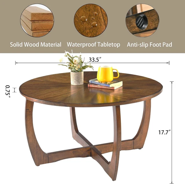Alt view image 3 of 7 - LEEMTORIG Round Wood Coffee Table, Mid Century Modern Round Walnut Coffee Tables for Living Room, 33.5" Dia. Circle Drum Coffee Table with Cross Legs, Easy Assembly, Brown Walnut KFZ-3223