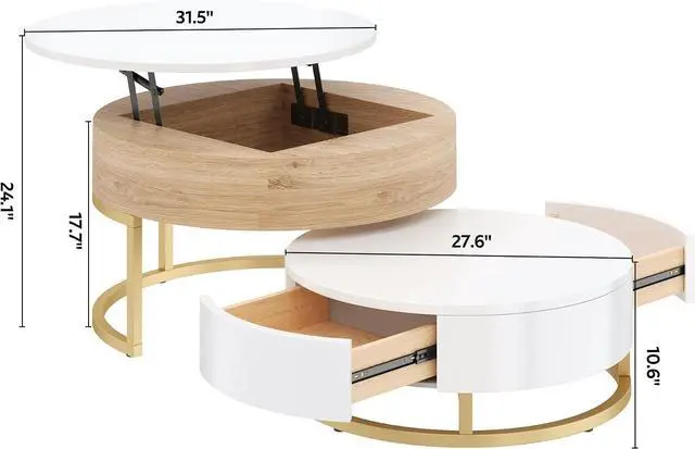 Alt view image 2 of 7 - Modern Round Lift-top Nesting Coffee Tables with 2 Drawers for Living Room White & Natural