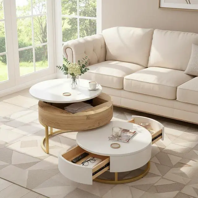 Alt view image 3 of 7 - Modern Round Lift-top Nesting Coffee Tables with 2 Drawers for Living Room White & Natural