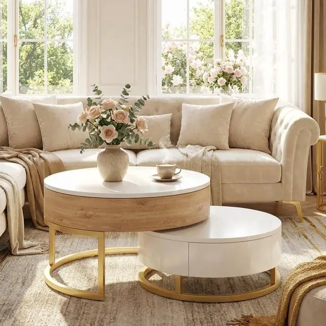 Alt view image 6 of 7 - Modern Round Lift-top Nesting Coffee Tables with 2 Drawers for Living Room White & Natural