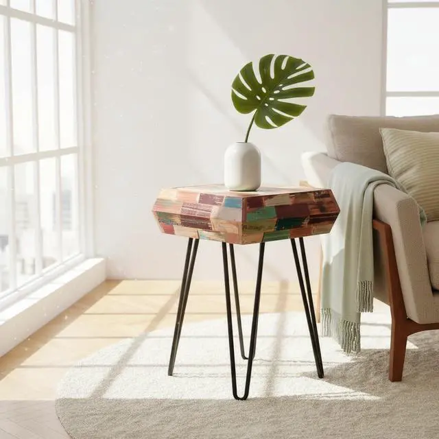 Alt view image 3 of 7 - Multicolor Square Wood Drum Side Table 14" x 14" x 20" H Reclaimed Wooden Coffee End Table Vintage Handmade Accent Table Rustic Plant Stand Living Room Bedroom Patio Home Decor Outdoor