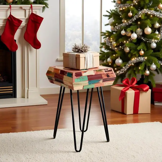 Alt view image 7 of 7 - Multicolor Square Wood Drum Side Table 14" x 14" x 20" H Reclaimed Wooden Coffee End Table Vintage Handmade Accent Table Rustic Plant Stand Living Room Bedroom Patio Home Decor Outdoor