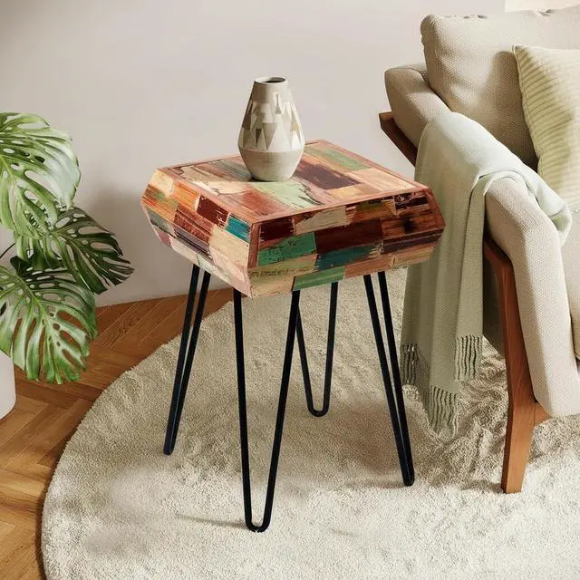 Alt view image 6 of 7 - Multicolor Square Wood Drum Side Table 14" x 14" x 20" H Reclaimed Wooden Coffee End Table Vintage Handmade Accent Table Rustic Plant Stand Living Room Bedroom Patio Home Decor Outdoor