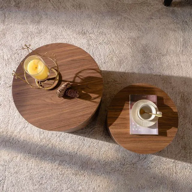 Alt view image 3 of 7 - Nesting Coffee Table Set of 2, Wood Round Coffee Table, Modern Coffee Table for Small Space Living Room, Walnut