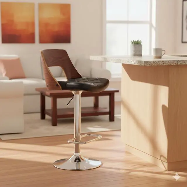 Alt view image 2 of 6 - AC Pacific Adjustable Swivel Bar Stool with Hydraulic Lift, 24-32 Inch Counter Height Bar Stool Chair, Walnut Wood Back, Diamond Quilted Seat, Chrome Base, Kitchen Island Barstool