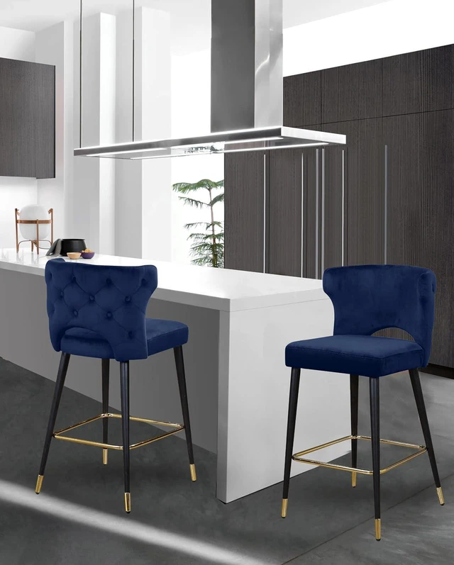 Alt view image 2 of 7 - Meridian Furniture 791Navy-C Kelly Collection Modern | Contemporary Velvet Upholstered Counter Height Stool with Gold Tipped, Black Metal Legs, Navy, 22" W x 19" D x 38.5" H, Set of 2