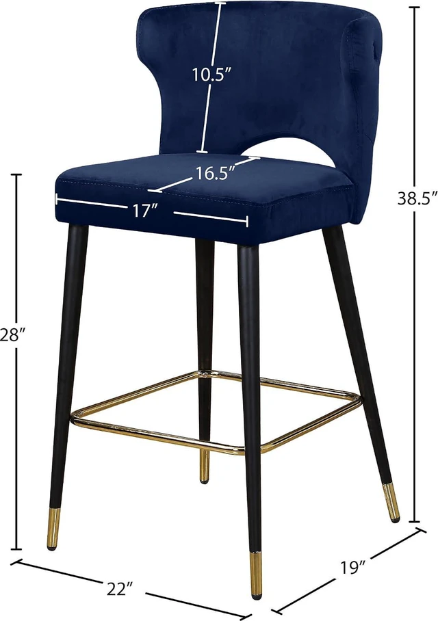 Alt view image 3 of 7 - Meridian Furniture 791Navy-C Kelly Collection Modern | Contemporary Velvet Upholstered Counter Height Stool with Gold Tipped, Black Metal Legs, Navy, 22" W x 19" D x 38.5" H, Set of 2