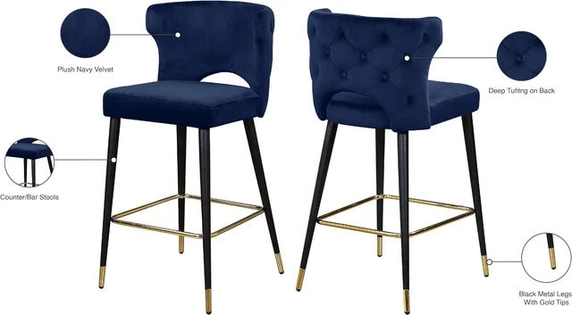 Alt view image 7 of 7 - Meridian Furniture 791Navy-C Kelly Collection Modern | Contemporary Velvet Upholstered Counter Height Stool with Gold Tipped, Black Metal Legs, Navy, 22" W x 19" D x 38.5" H, Set of 2