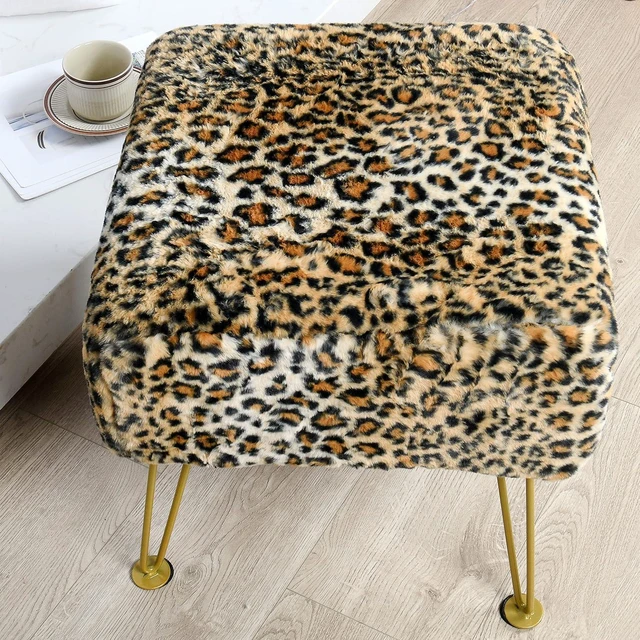 Alt view image 3 of 7 - Leopard Print Square Ottoman 17"x17"x17" Faux Fur Entryway Bench Footrest Stool Accent Seating Cheetah Furry Ottoman Bedroom Vanity End of Bed for Bathroom Living Room Decor