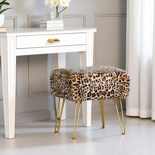 Alt view image 4 of 7 - Leopard Print Square Ottoman 17"x17"x17" Faux Fur Entryway Bench Footrest Stool Accent Seating Cheetah Furry Ottoman Bedroom Vanity End of Bed for Bathroom Living Room Decor