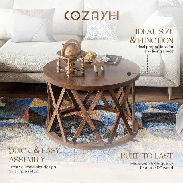 Alt view image 4 of 7 - COZAYH Rustic Farmhouse - Round Coffee Table - X-Motif Legs, Brown
