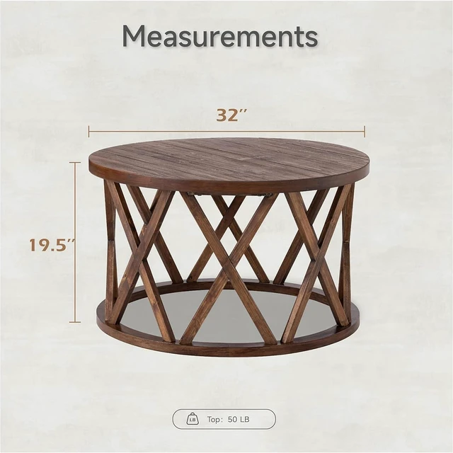 Alt view image 3 of 7 - COZAYH Rustic Farmhouse - Round Coffee Table - X-Motif Legs, Brown