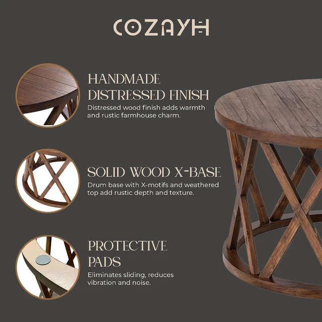 Alt view image 6 of 7 - COZAYH Rustic Farmhouse - Round Coffee Table - X-Motif Legs, Brown