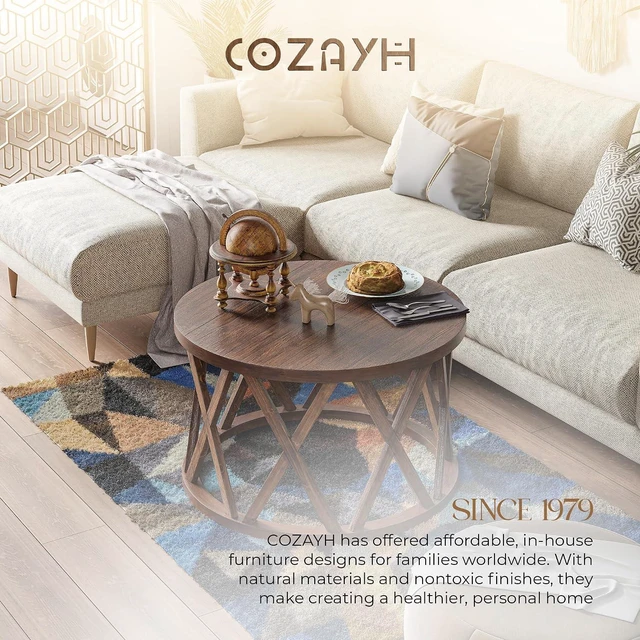 Alt view image 7 of 7 - COZAYH Rustic Farmhouse - Round Coffee Table - X-Motif Legs, Brown