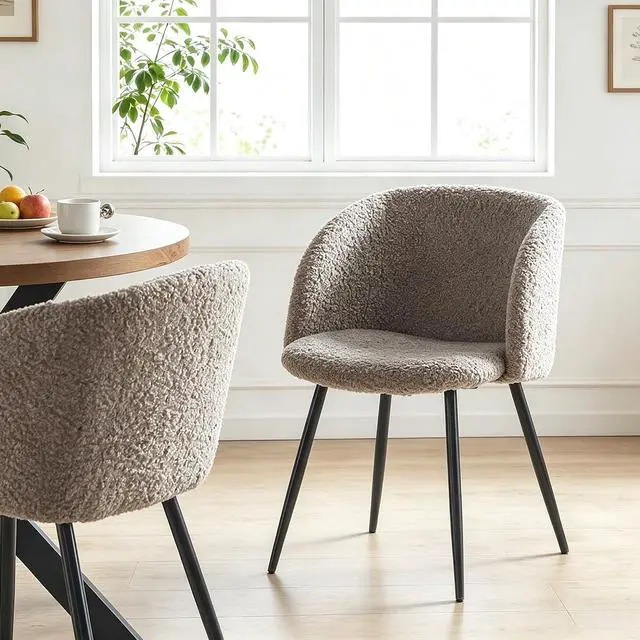 Alt view image 2 of 7 - Homedot Dining Table Set for 2 with Chairs, 37" Engineered Wood Round Table Wipe Clean with 2 Fluffy Sherpa Arm Chairs, Modern Dinette Set with Metal Legs for Breakfast, Dining Room, Coffee Shop