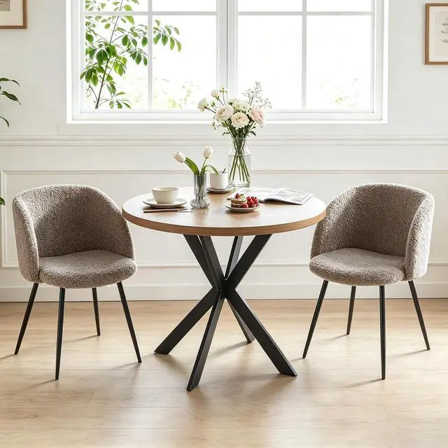 Main image of Homedot Dining Table Set for 2 with Chairs, 37" Engineered Wood Round Table Wipe Clean with 2 Fluffy Sherpa Arm Chairs, Modern Dinette Set with Metal Legs for Breakfast, Dining Room, Coffee Shop