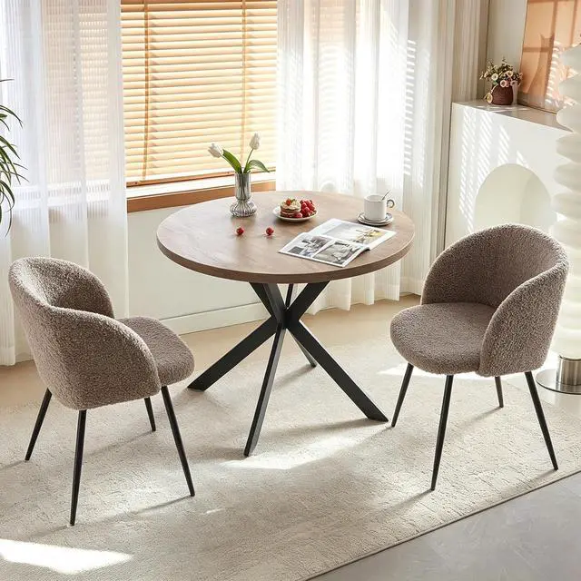 Alt view image 5 of 7 - Homedot Dining Table Set for 2 with Chairs, 37" Engineered Wood Round Table Wipe Clean with 2 Fluffy Sherpa Arm Chairs, Modern Dinette Set with Metal Legs for Breakfast, Dining Room, Coffee Shop