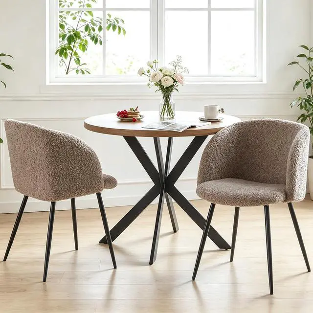 Alt view image 6 of 7 - Homedot Dining Table Set for 2 with Chairs, 37" Engineered Wood Round Table Wipe Clean with 2 Fluffy Sherpa Arm Chairs, Modern Dinette Set with Metal Legs for Breakfast, Dining Room, Coffee Shop