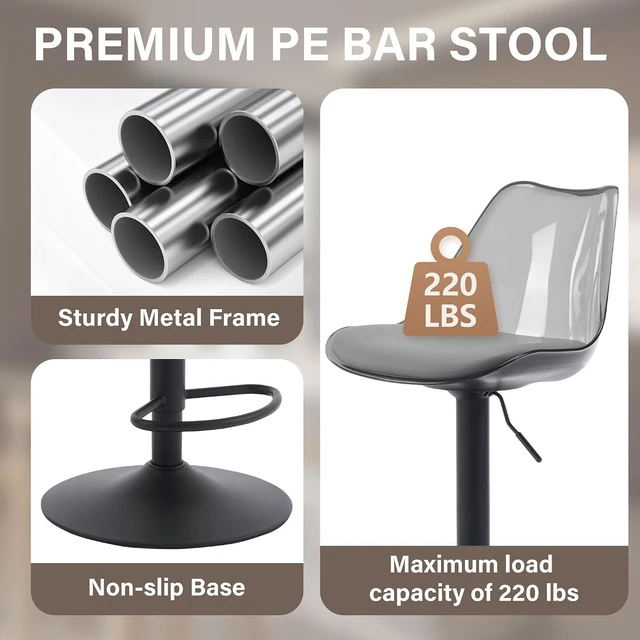 Alt view image 4 of 7 - Clear Bar Stools Set of 2, Adjustable Swivel Counter Height Stools, Grey