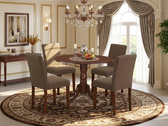 Alt view image 2 of 7 - East West Furniture DLAB5-MAH-18 5 Piece Kitchen Table & Chairs Set Includes a Round Dining Room Table with Dropleaf and 4 Coffee Linen Fabric Parson Dining Chairs, 42x42 Inch, Mahogany