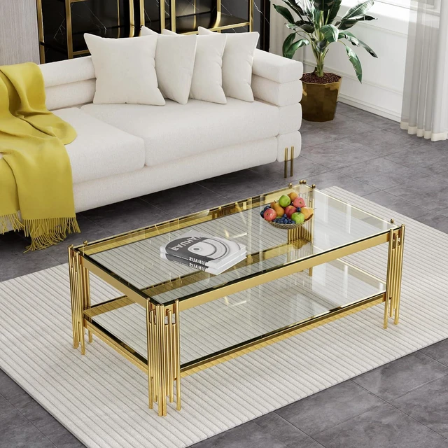 Main image of 48" Wide Square End Table with Glass Top, Golden Stainless Steel Tempered Glass Coffee Table for Living Room&Bed Room (Gold)