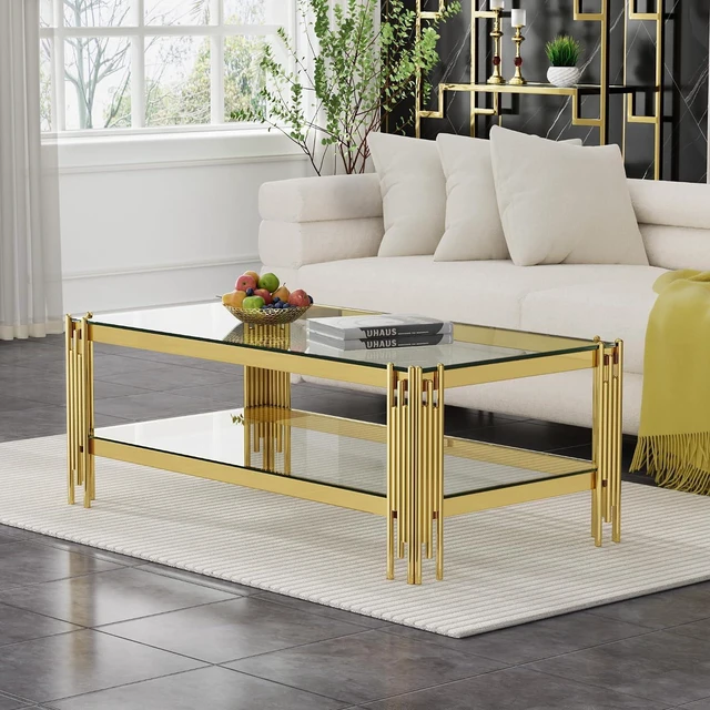Alt view image 3 of 7 - 48" Wide Square End Table with Glass Top, Golden Stainless Steel Tempered Glass Coffee Table for Living Room&Bed Room (Gold)