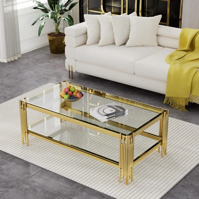 Alt view image 5 of 7 - 48" Wide Square End Table with Glass Top, Golden Stainless Steel Tempered Glass Coffee Table for Living Room&Bed Room (Gold)