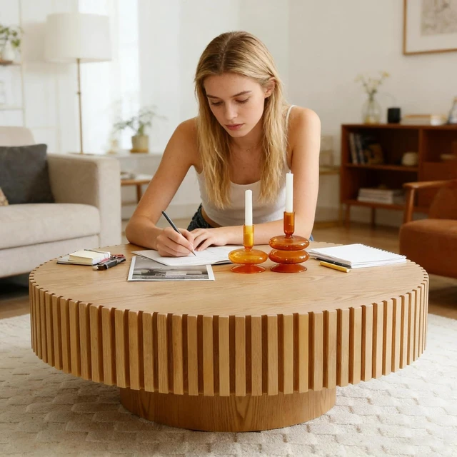Alt view image 6 of 7 - Round Coffee Table with Fluted Design, Wood Oak