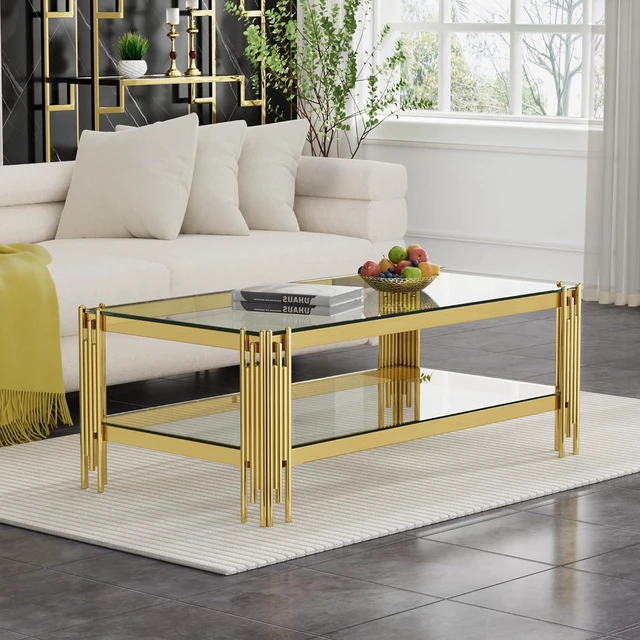 Alt view image 6 of 7 - 48" Wide Square End Table with Glass Top, Golden Stainless Steel Tempered Glass Coffee Table for Living Room&Bed Room (Gold)