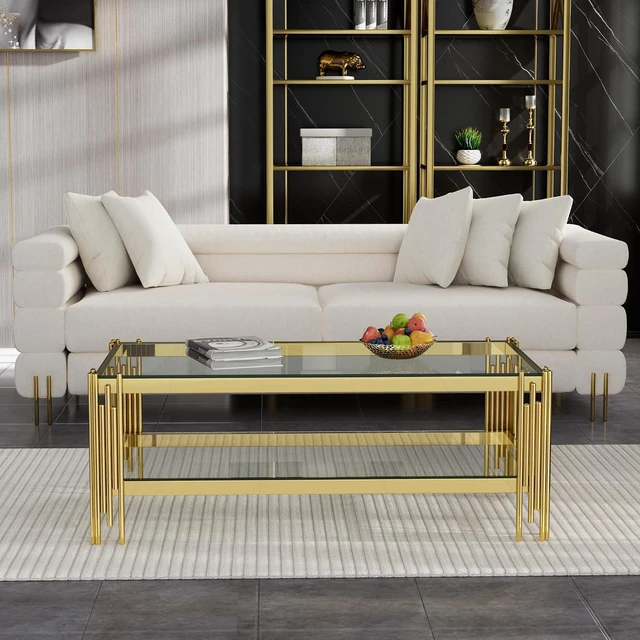 Alt view image 4 of 7 - 48" Wide Square End Table with Glass Top, Golden Stainless Steel Tempered Glass Coffee Table for Living Room&Bed Room (Gold)