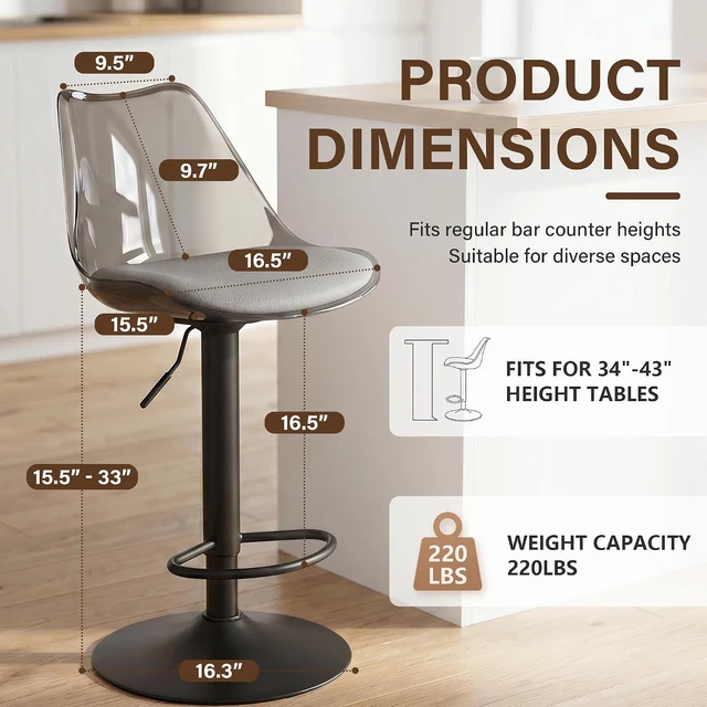Alt view image 3 of 7 - Clear Bar Stools Set of 2, Adjustable Swivel Counter Height Stools, Grey