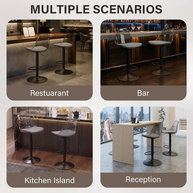 Alt view image 7 of 7 - Clear Bar Stools Set of 2, Adjustable Swivel Counter Height Stools, Grey