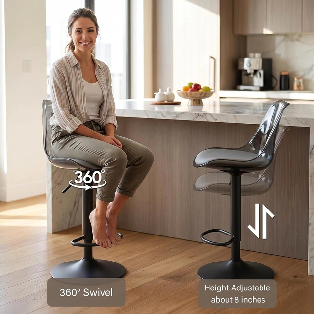 Alt view image 6 of 7 - Clear Bar Stools Set of 2, Adjustable Swivel Counter Height Stools, Grey