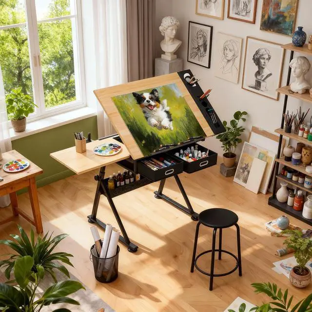 Alt view image 2 of 7 - Magshion Drafting Table for Adults w/Stool, Natural