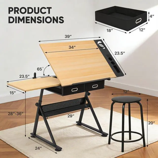 Alt view image 3 of 7 - Magshion Drafting Table for Adults w/Stool, Natural