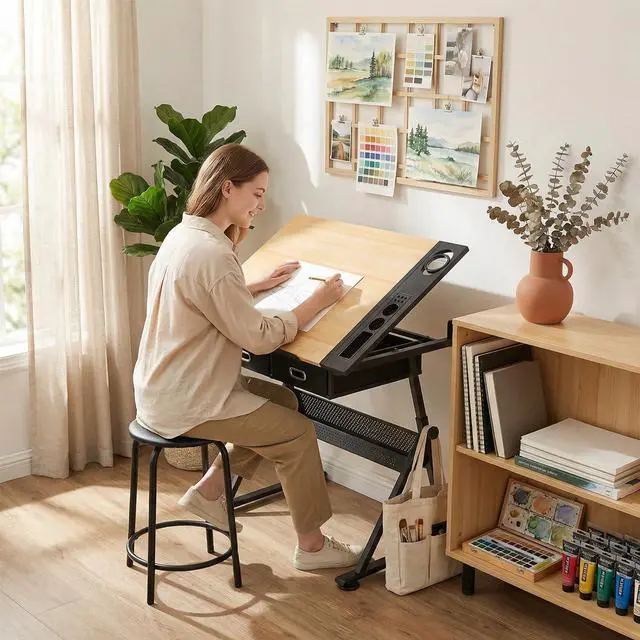 Alt view image 4 of 7 - Magshion Drafting Table for Adults w/Stool, Natural