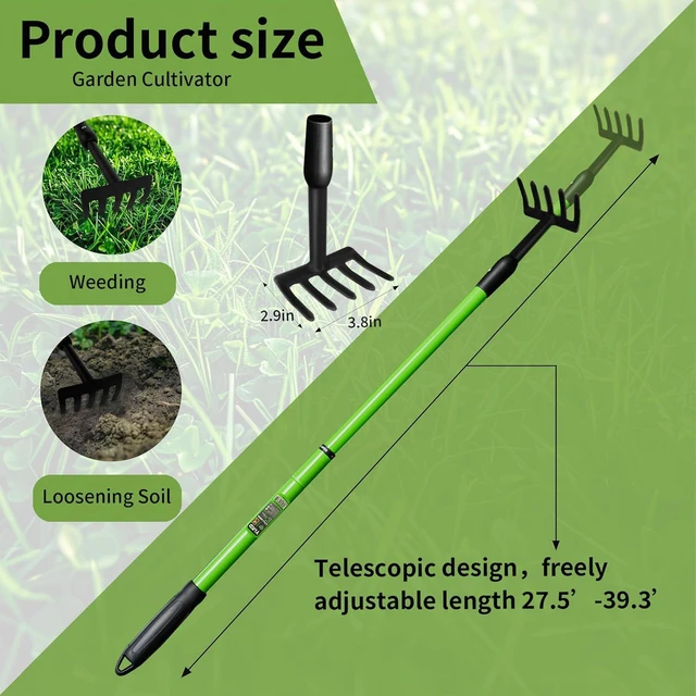 Alt view image 2 of 7 - Small Garden Rake, 27-39" Telescopic Hand Cultivator