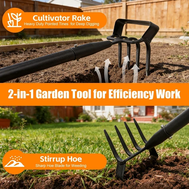 Alt view image 2 of 7 - Garden Hoe, 62 Inch Weed Tool, Long Soil Tiller Cultivator, Heavy Duty Metal Stirrup Hoe Garden Tool Weeder Scraper Rake for Flower Beds, Patio, Garden Cultivating Loosening Soil Weeding Digging
