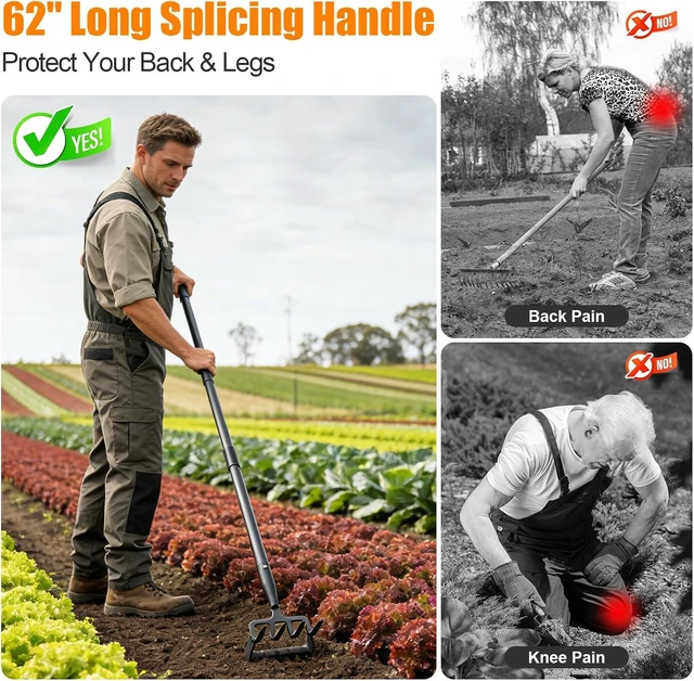 Alt view image 6 of 7 - Garden Hoe, 62 Inch Weed Tool, Long Soil Tiller Cultivator, Heavy Duty Metal Stirrup Hoe Garden Tool Weeder Scraper Rake for Flower Beds, Patio, Garden Cultivating Loosening Soil Weeding Digging