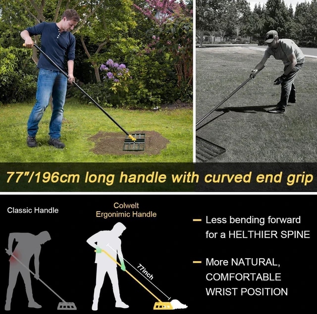 Alt view image 6 of 7 - Colwelt Lawn Leveling Rake17 x10, Lawn Leveler Rake with Great Leveling Accuracy, Leveling Rake for Soil with 77 Adjustable Curved End Grip Handle, Lawn Leveling Tool Yard Leveler for Leveling Soil