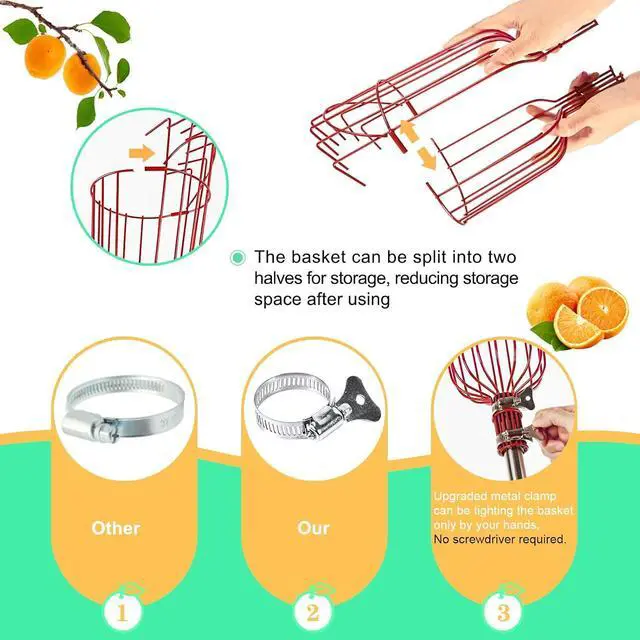 Alt view image 5 of 7 - Qiullen 13 FT Extendable Fruit Picker Pole Tool Adjustable Long Handle Fruit Picker Metal Basket Fruit Grabber Tool with Protective Foam Pad Stainless Steel Garden Picker Tool for Apple Mango Lemon